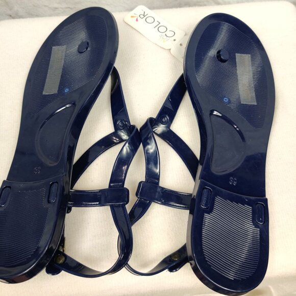 All for Color Jelly Sandals T strap Summer Blue Geometric Print Insole New Sz 8 - Picture 5 of 5